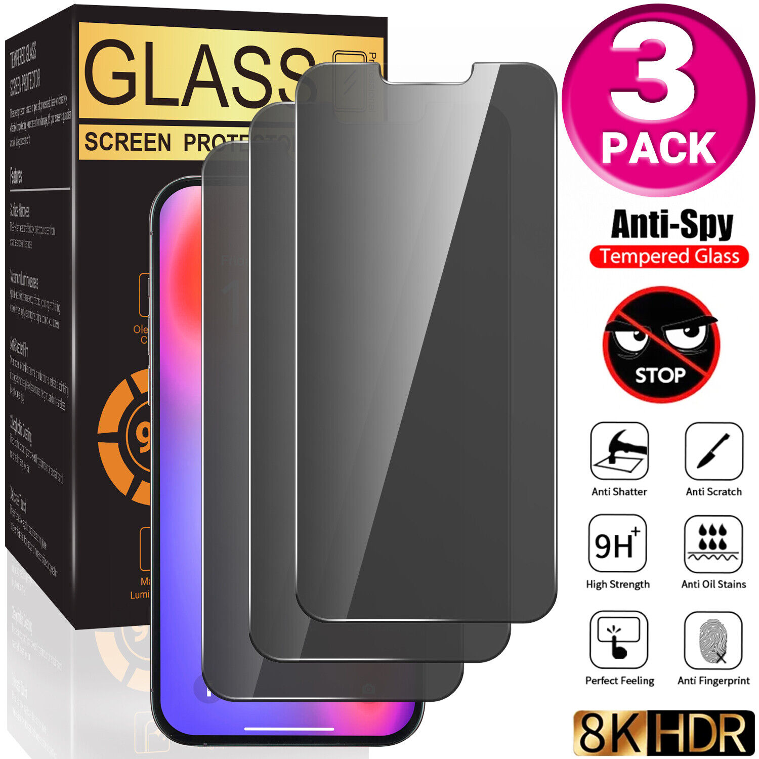 3x iPhone 15 14 13 12 11 Pro Max Privacy AntiSpy Tempered Glass Screen Protector