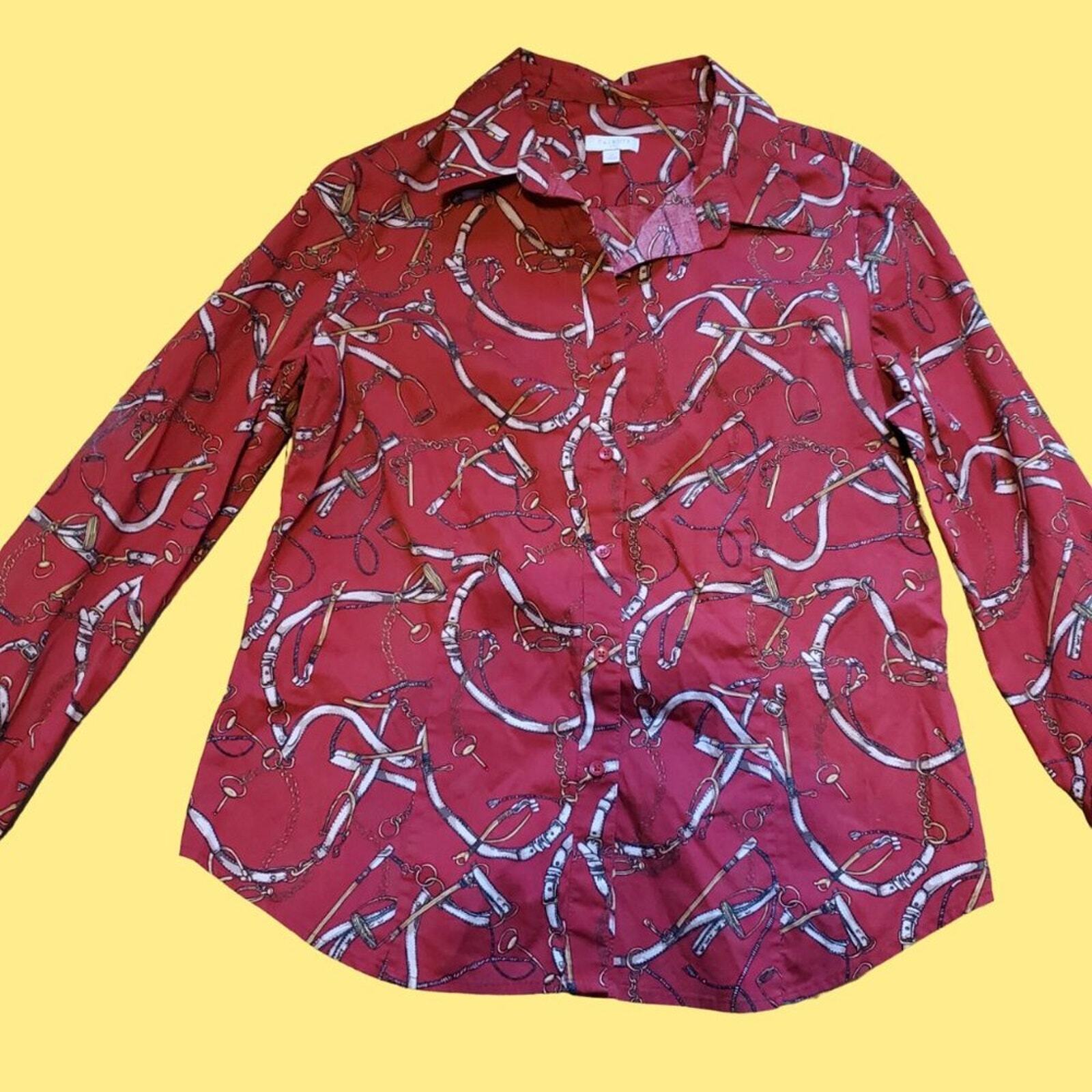 Talbots Red Horse Bridle Pattern Long Sleeve Button Blouse Top Size 12