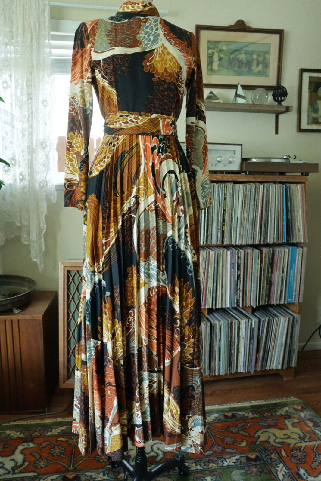 vintage 70s 60s dress collectable Krist psychedelic waves print maxi bark cloth
