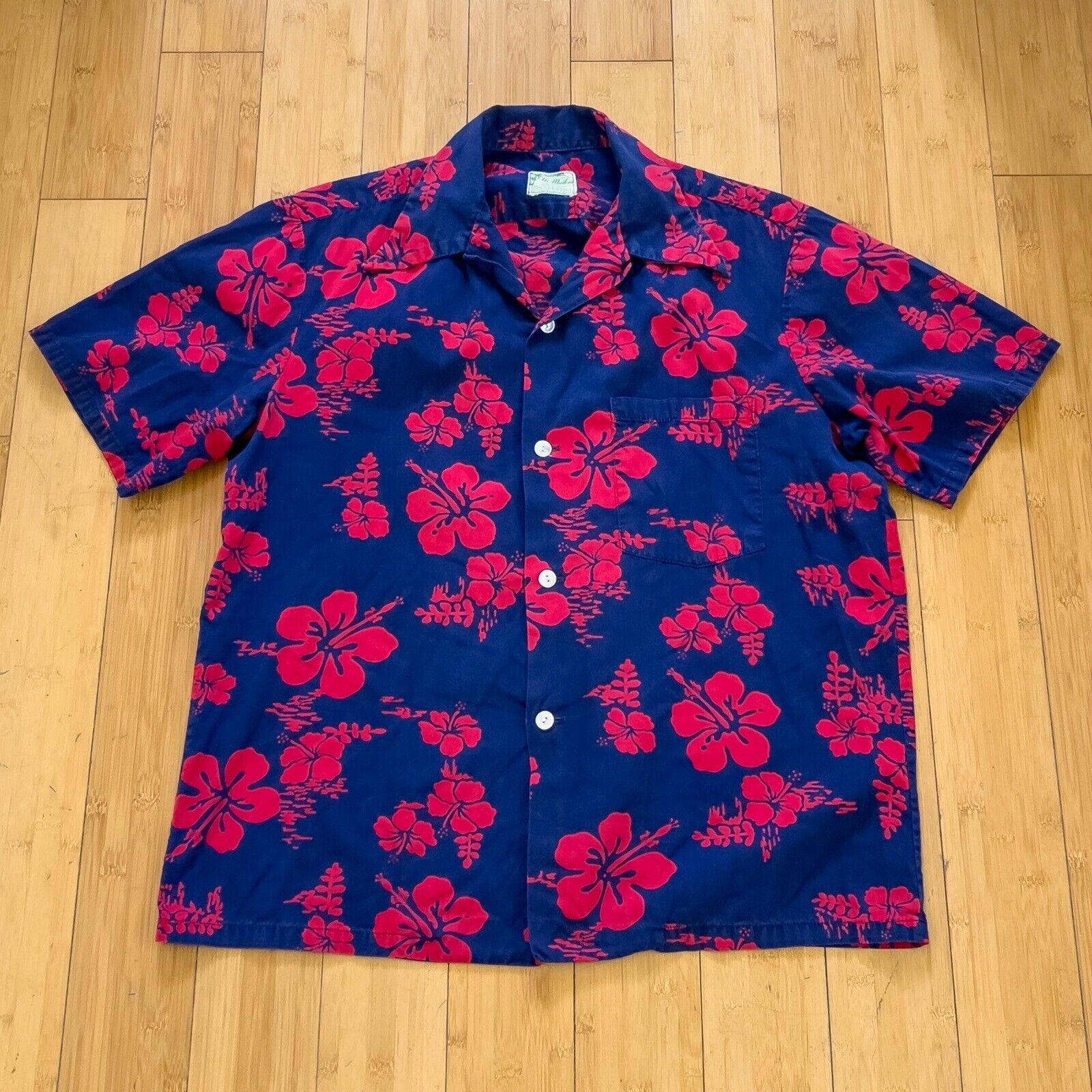 Vintage Ui-Maikai Shirt Mens Medium Blue Red Short Sleeve Floral Hawaiian 1960s
