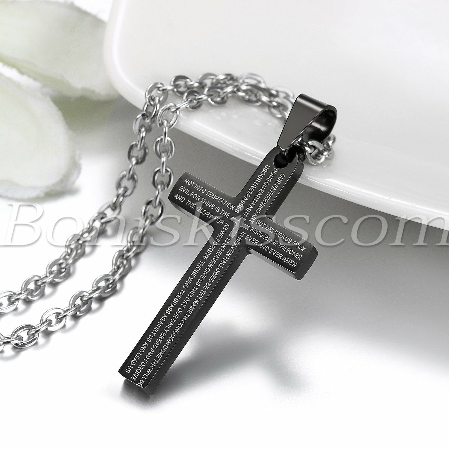 English Lord\'s Prayer Bible Cross Stainless Steel Chain Men Pendant Necklace Men