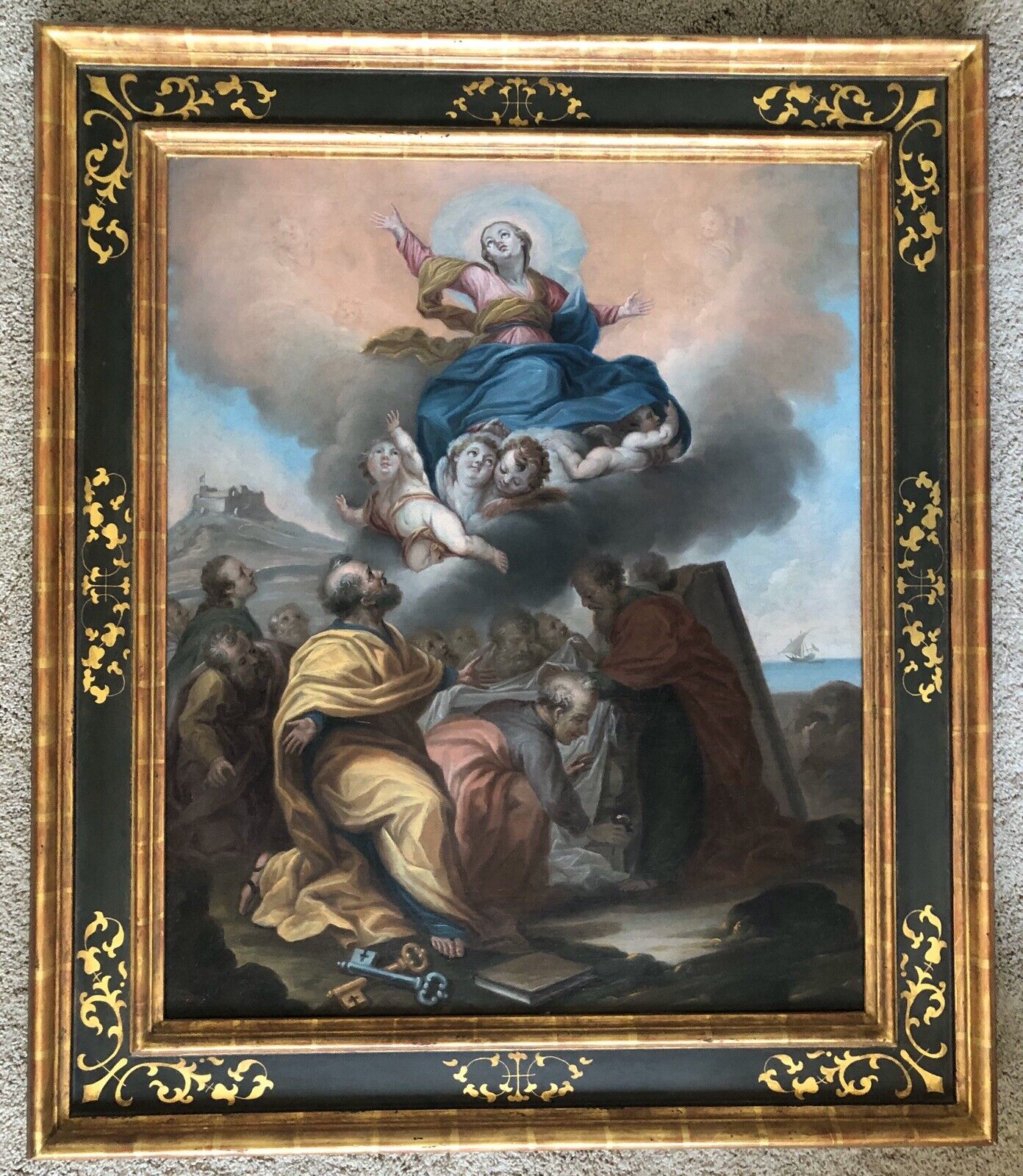 Superb Italian 18th Century Painting of the Virgin and St. Peter with Many Putti