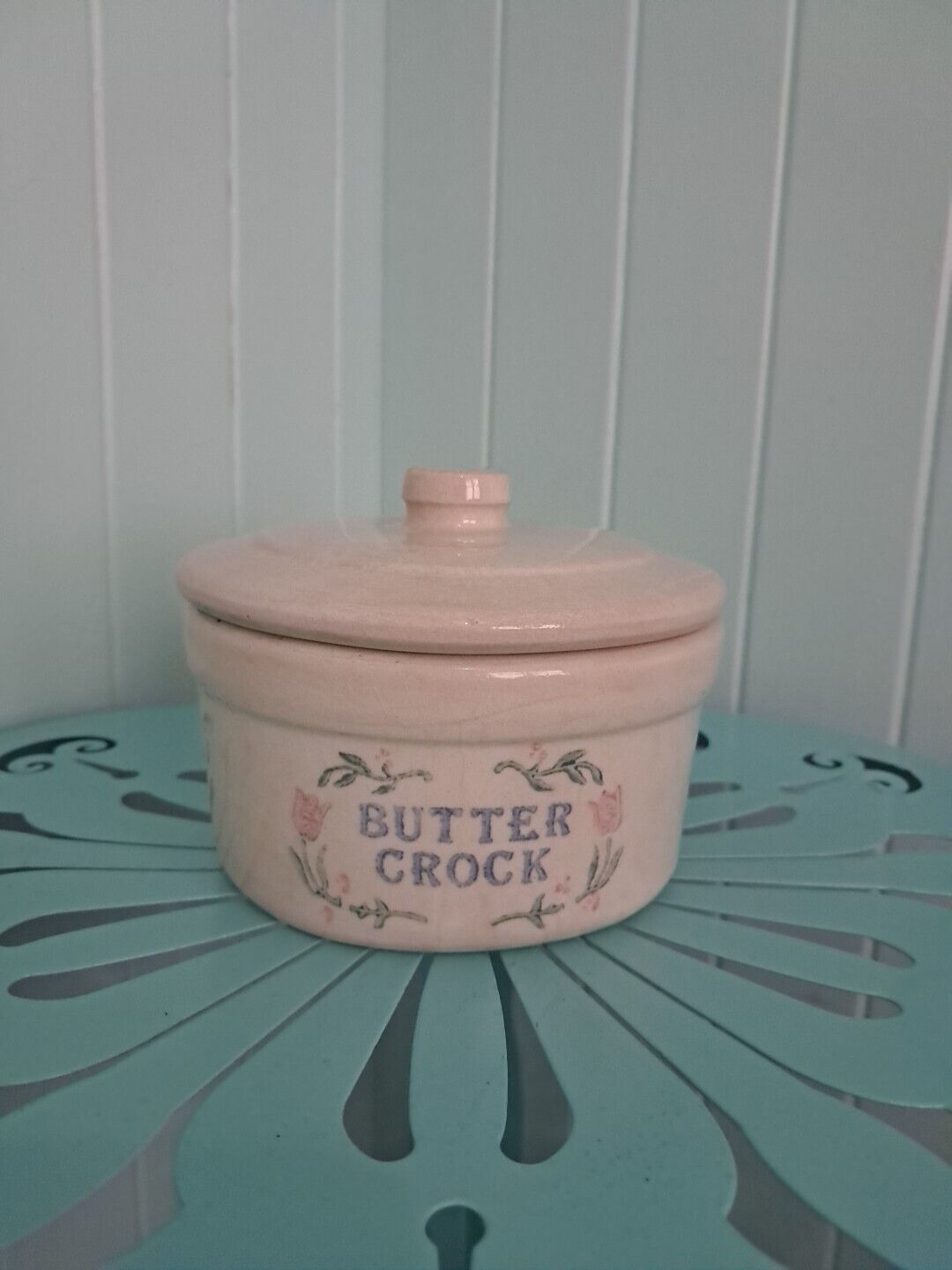 Antique Vintage Primitive Stoneware Butter Crock Floral Farmhouse Cottagecore 