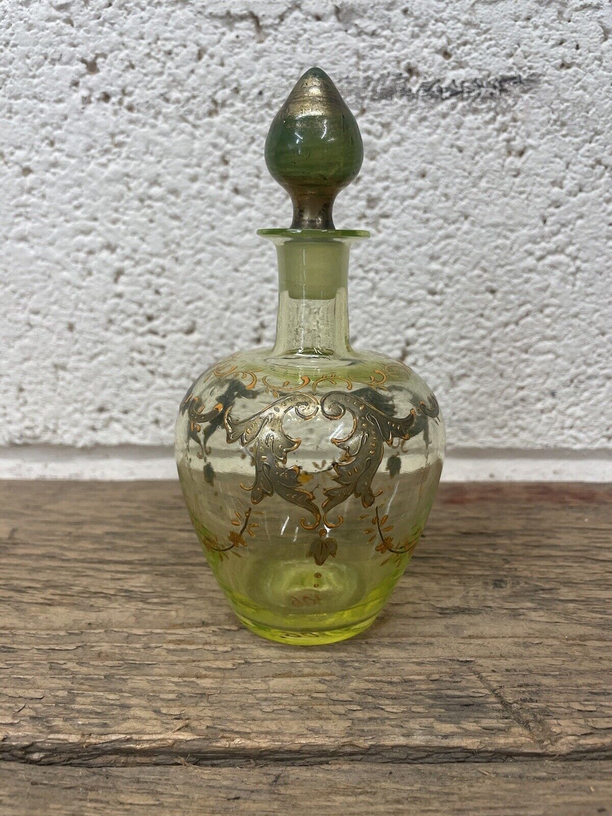 Antique Gilded Green Bohemian Glass Perfume Bottle. 6.25” Tall
