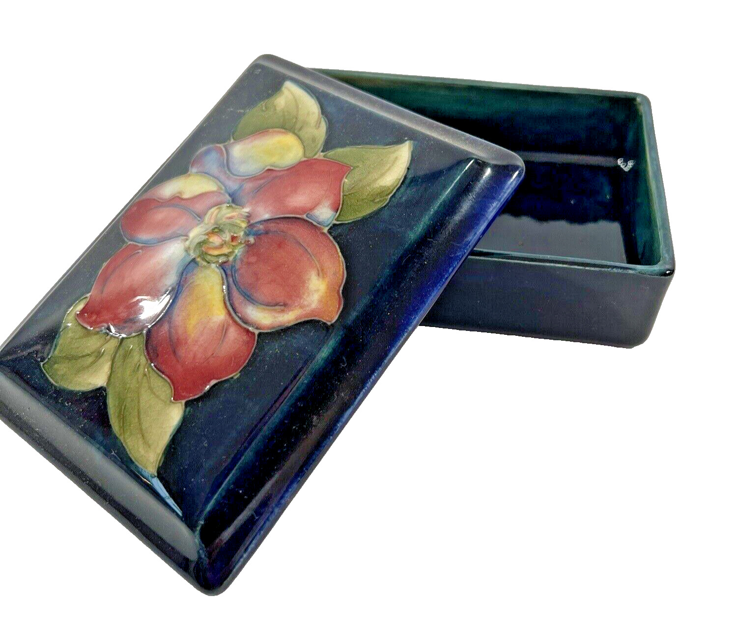 Moorcroft Pottery Cobalt Blue Rectangular Cigarette Trinket Box w Lid Orchid