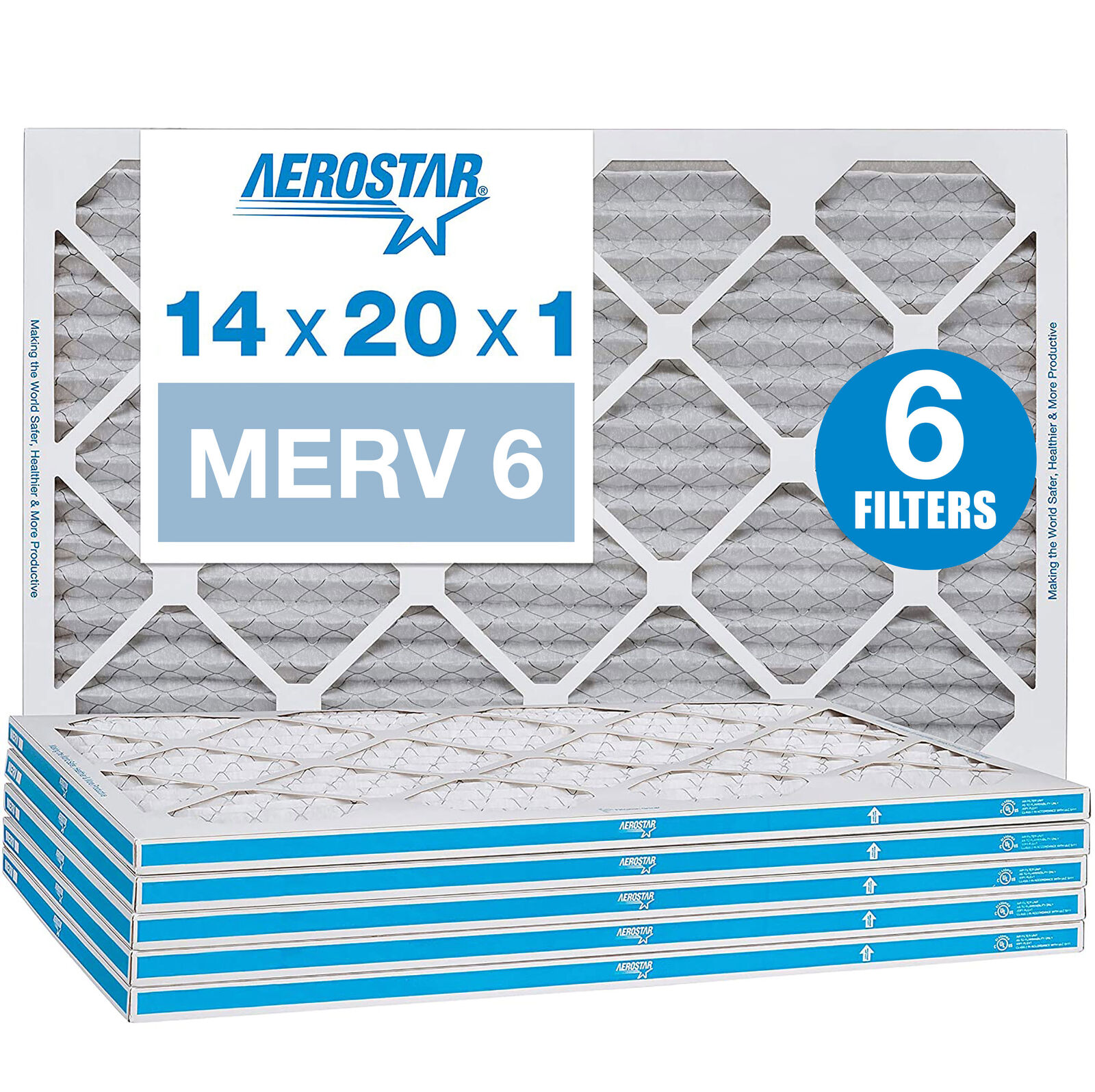 Aerostar 14x20x1 MERV 6 Pleated Air Filter, AC Furnace Air Filter, 6 Pack