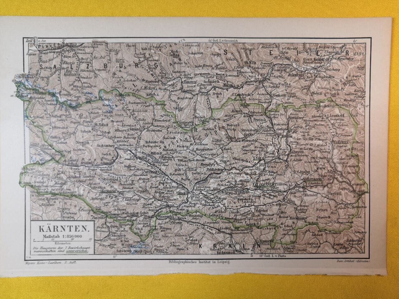 1896 ORIGINAL VINTAGE MAP Carinthia Austria Geographical Region 9.5 x 6.5 C18-5