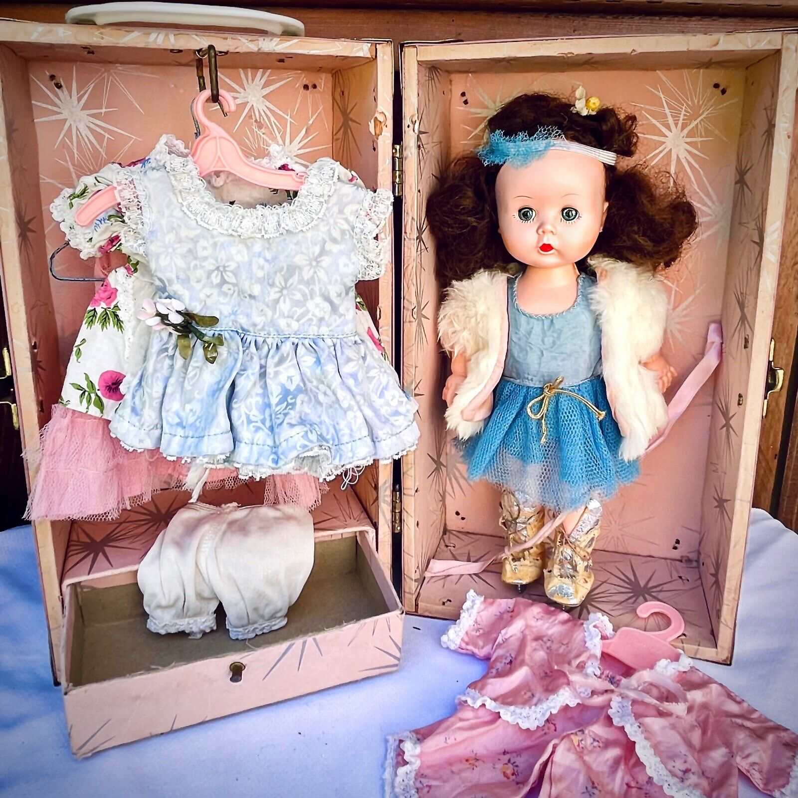 Vintage 1950\'S Littlest Angel Aranbee R&B Doll w/Pink Trunk Clothes Fur Coat Lot