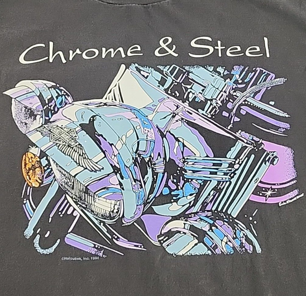 Vtg 1994 Black Harley Davidson Chrome & Steel Single Stitch T-Shirt - Size L