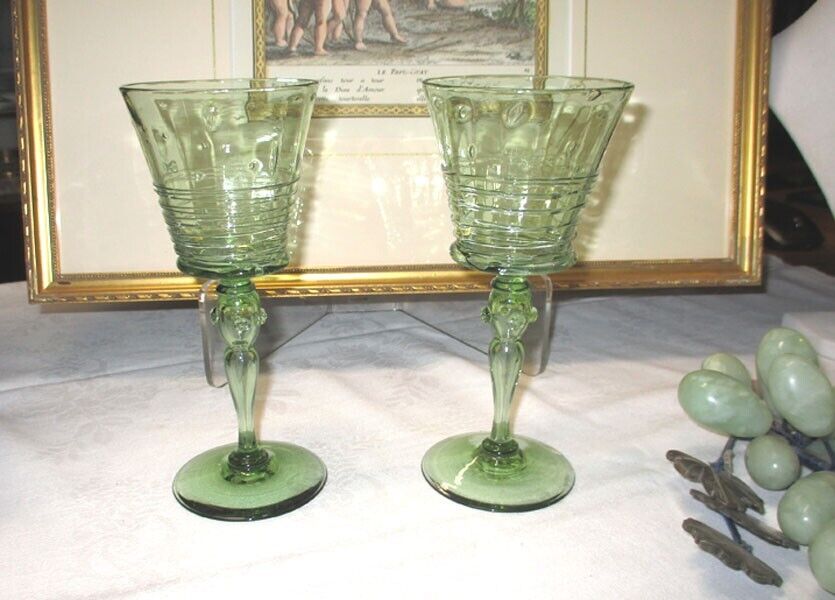 Antique STEUBEN Frederick Carder Spanish Green Threaded Wine Glass Pair Signed