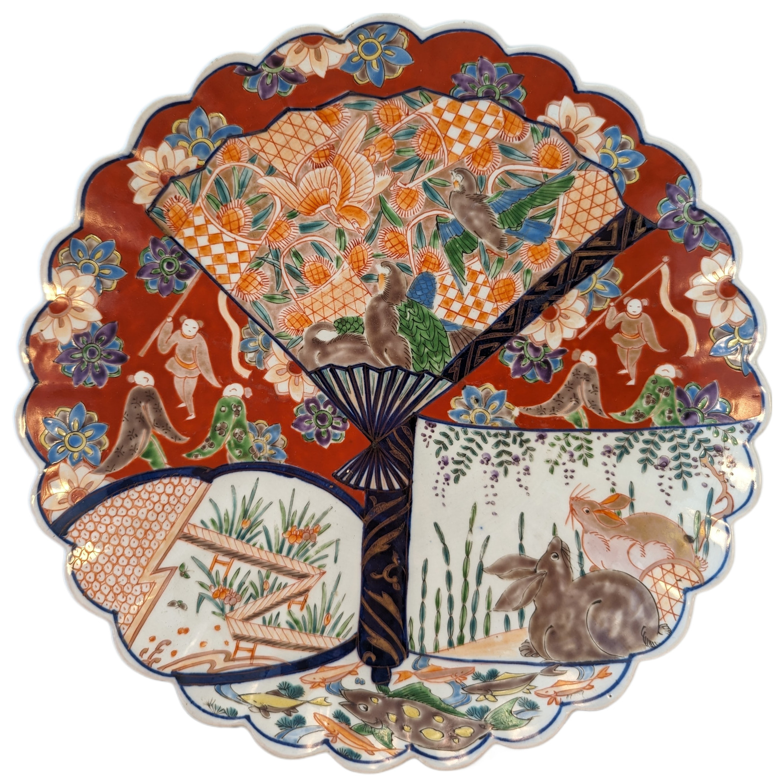 Antique Japanese Arita Imari Porcelain Large Plate Charger Fans Rabbit Fish Bird