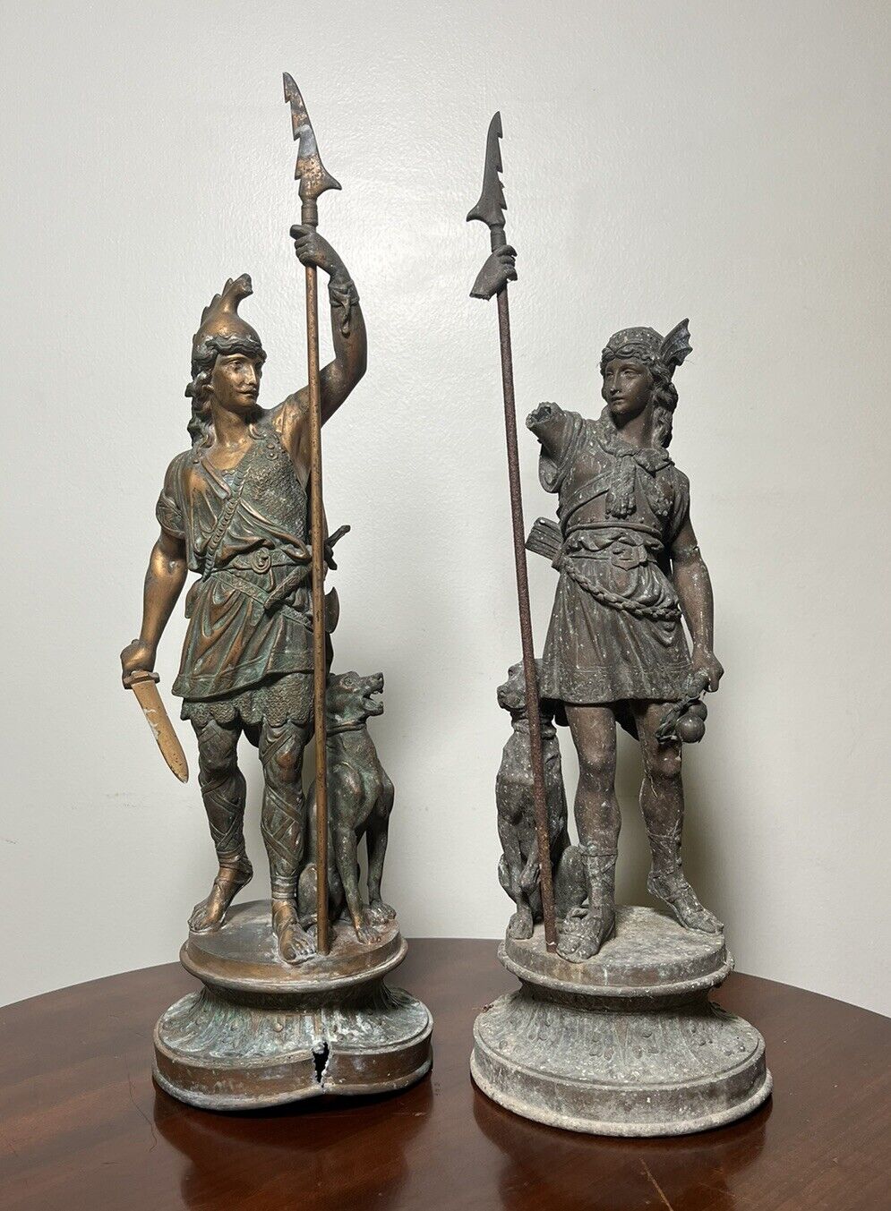 Pair Antique French Spelter Neoclassical Warrior Statues Late 19th Early 20th C
