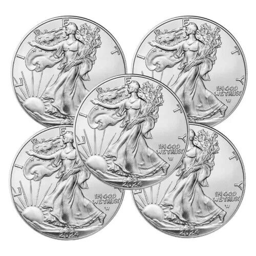 Lot of 5 -2024 American 1 oz .999 Fine Silver Eagle $1 Coin BU-IN STOCK！
