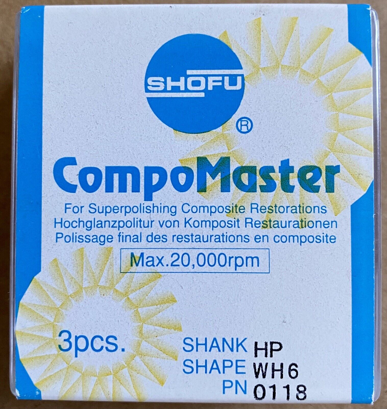 Dental Abrasives 8 pc Diamond Shofu CompoMaster Shank HP Shape WH6 PN 0118