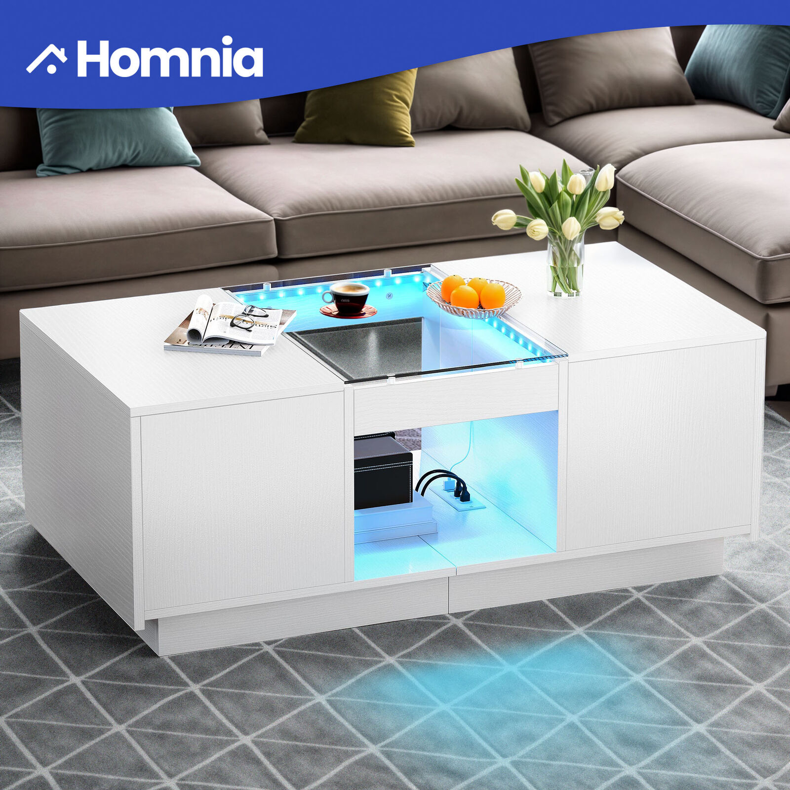 Modern LED Coffee Table Home Living Room 2 Drawers Charging Station Bluethooth