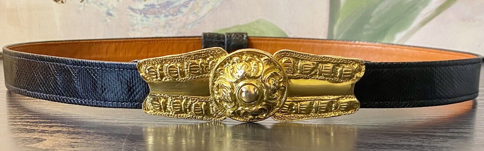 Vintage Alexis Kirk Snakeskin Black Adjustable Belt Gold Buckle