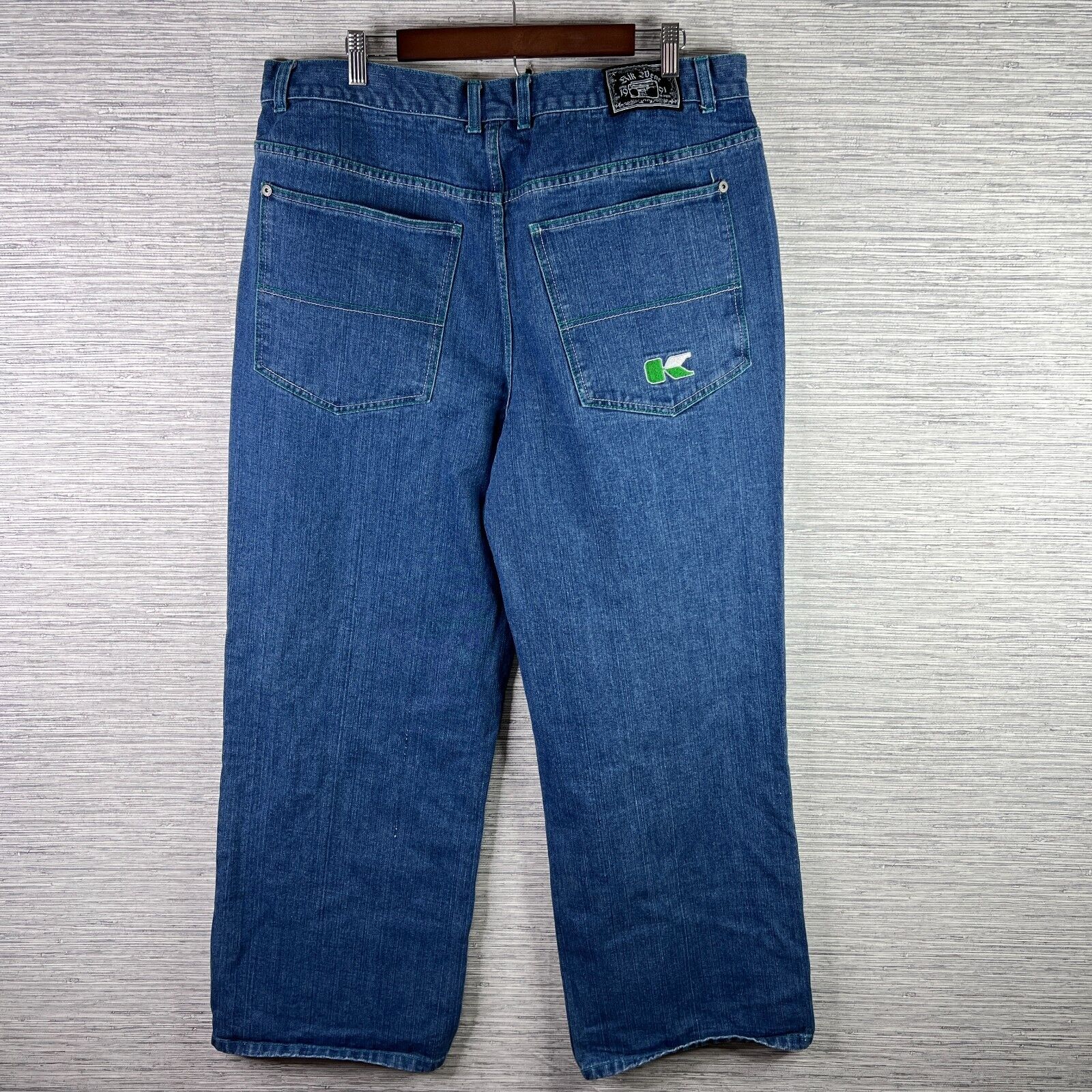 VINTAGE Kik Wear Jeans Mens 38x32 Baggy Wide Leg Skater Y2K 90s Embroidered Logo