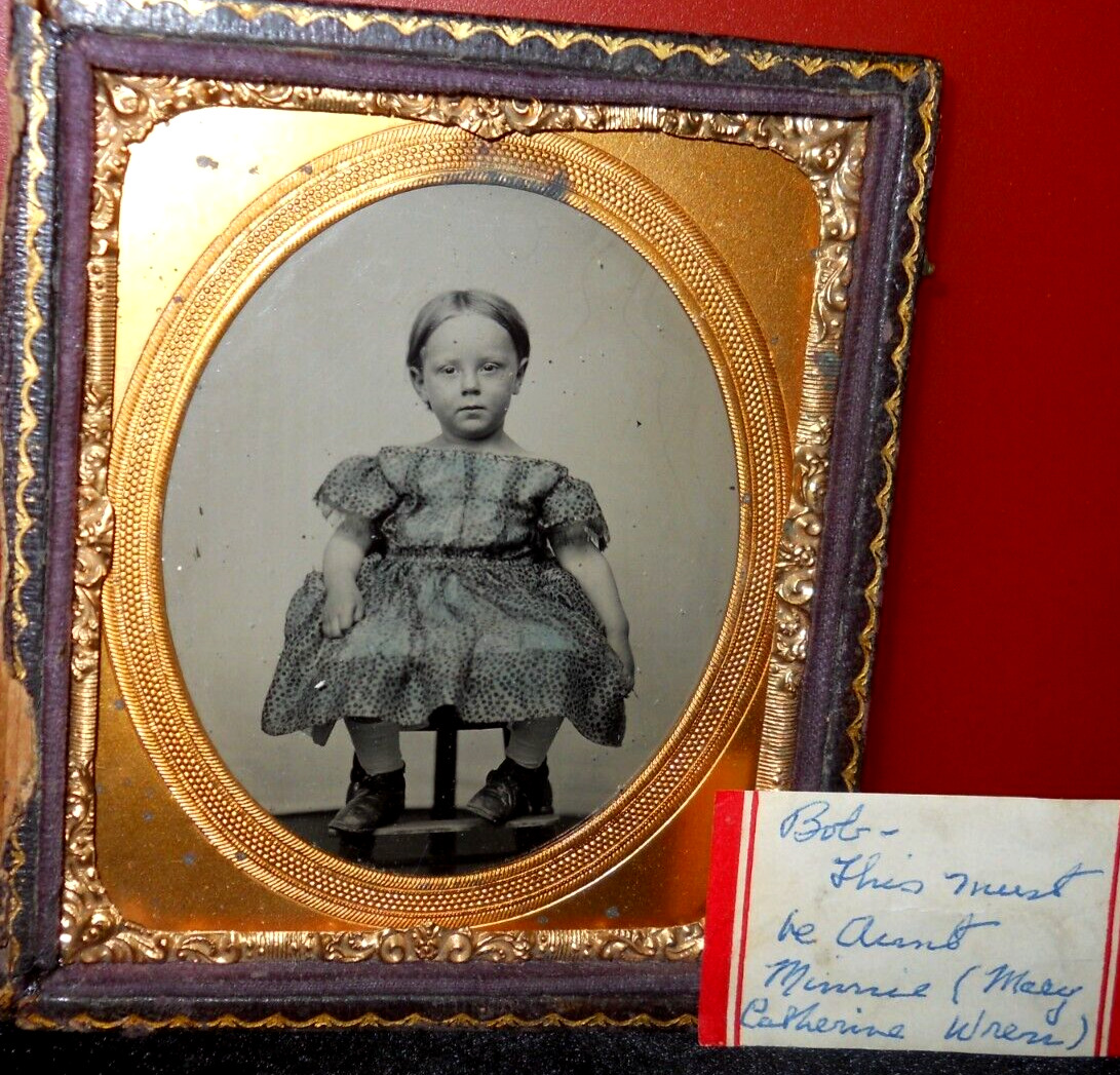 1/6th size tinted Tintype of Mary Catherine Wren, half case