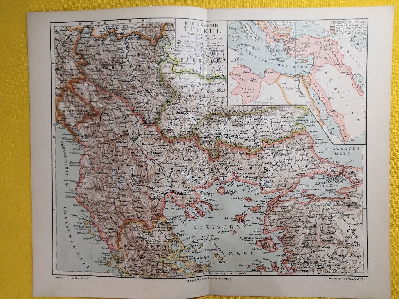 1908 Turkey In Europe Geographical Vintage Map Greece Serbia Montenegro C18-1