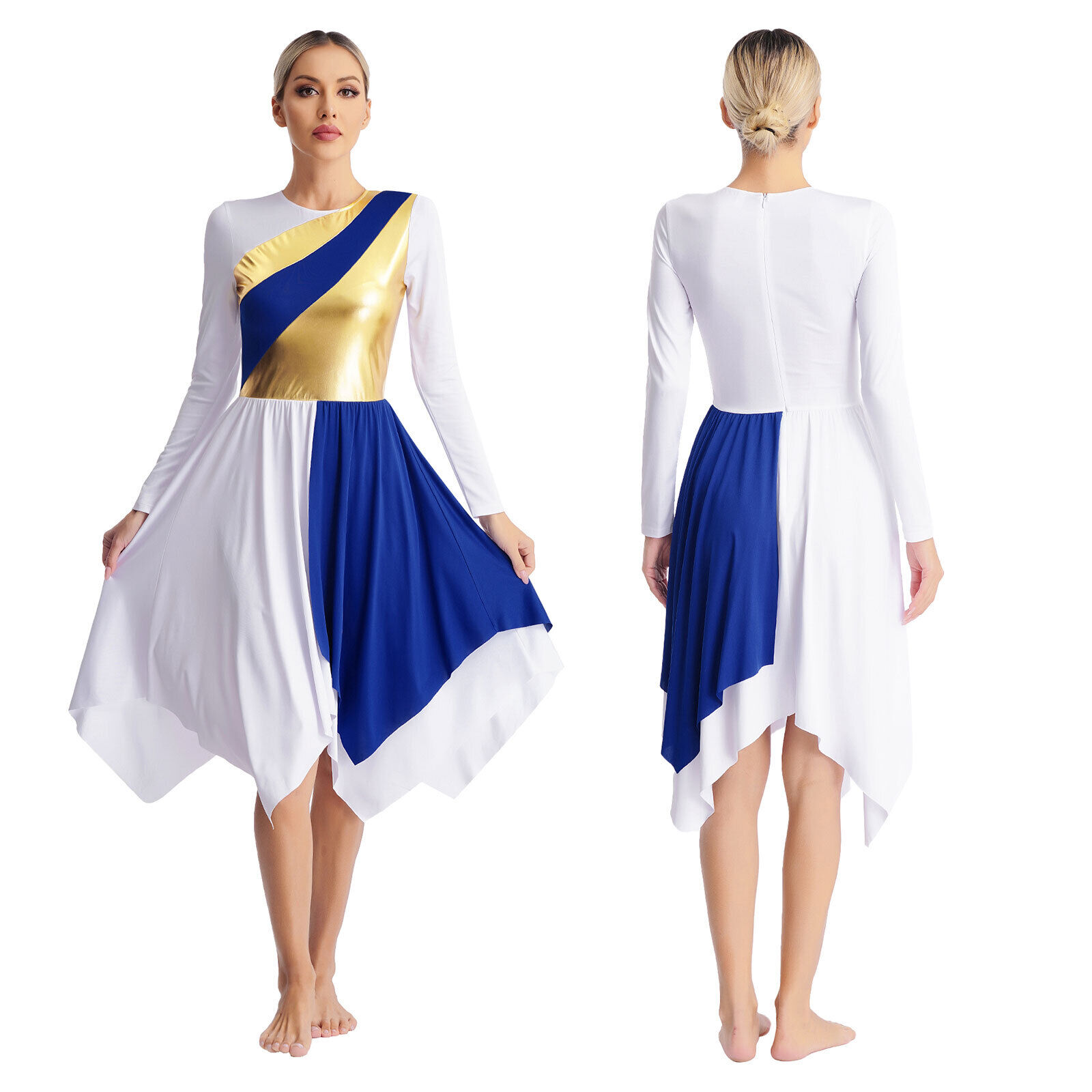 US Womens Color Block Liturgical Praise Dance Dress Robe Worship Tunic Dancewear