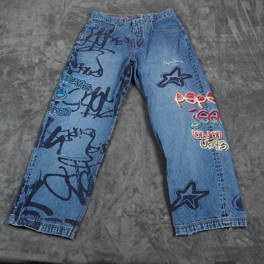 Vintage Pepe Jeans Mens 34 Blue Graffiti Loose Baggy Skater Colorful Hip Hop