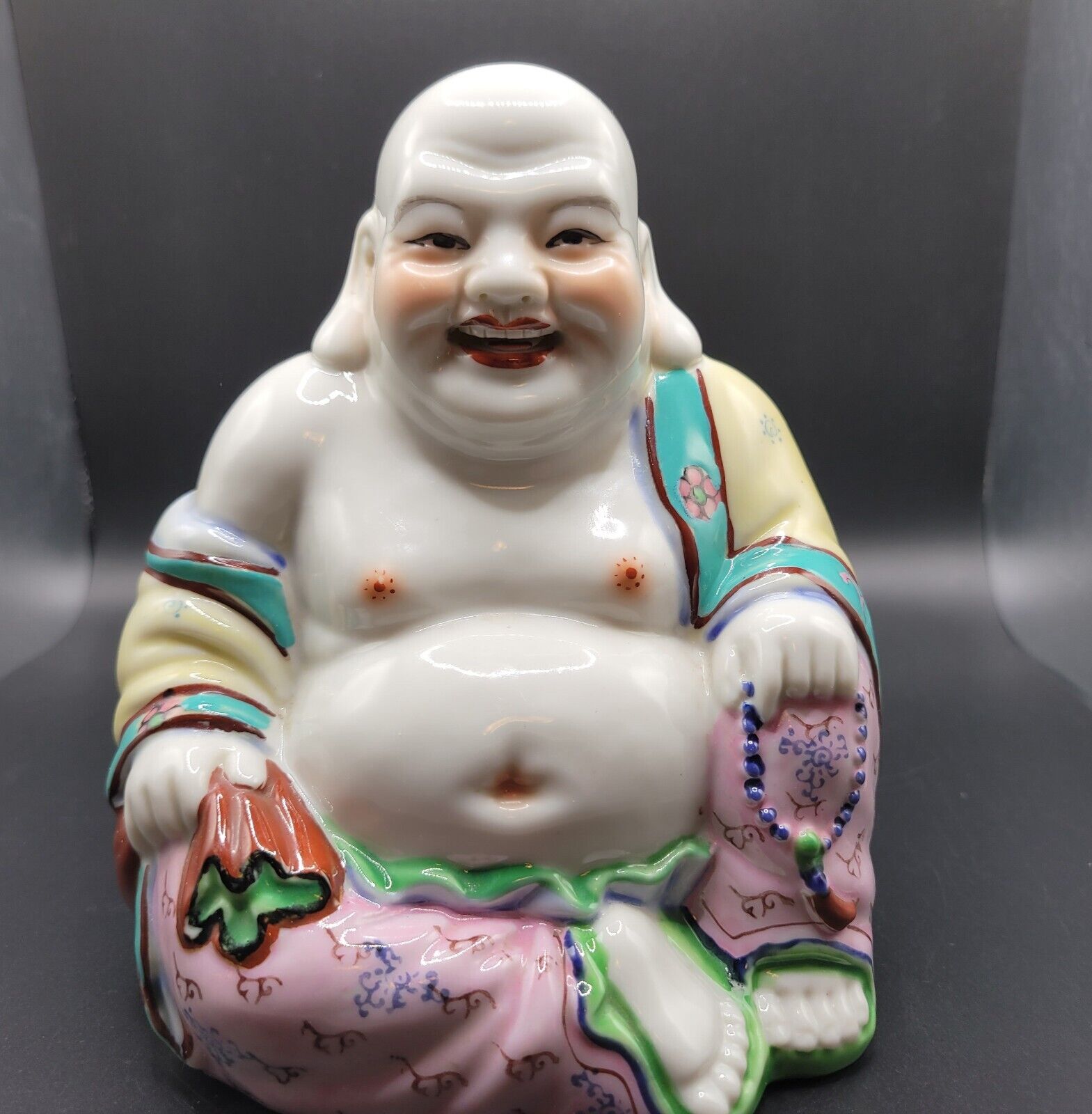 Vintage Chinese Famille Rose Porcelain Laughing Buddha Statue Figurine 6\