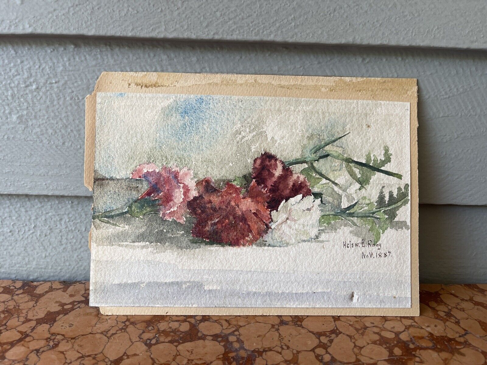 ANTIQUE WATERCOLOR PINK & RED CARNATIONS SIGNED HELEN E ROBY 1887 LISTED ARTIST