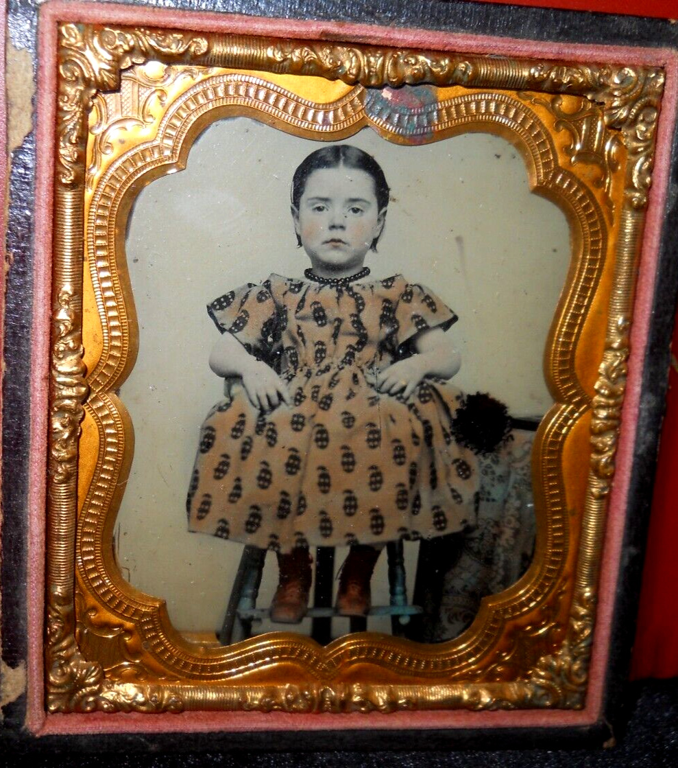 1/6th Size tinted Ambrotype of young girl in Bogardis half case