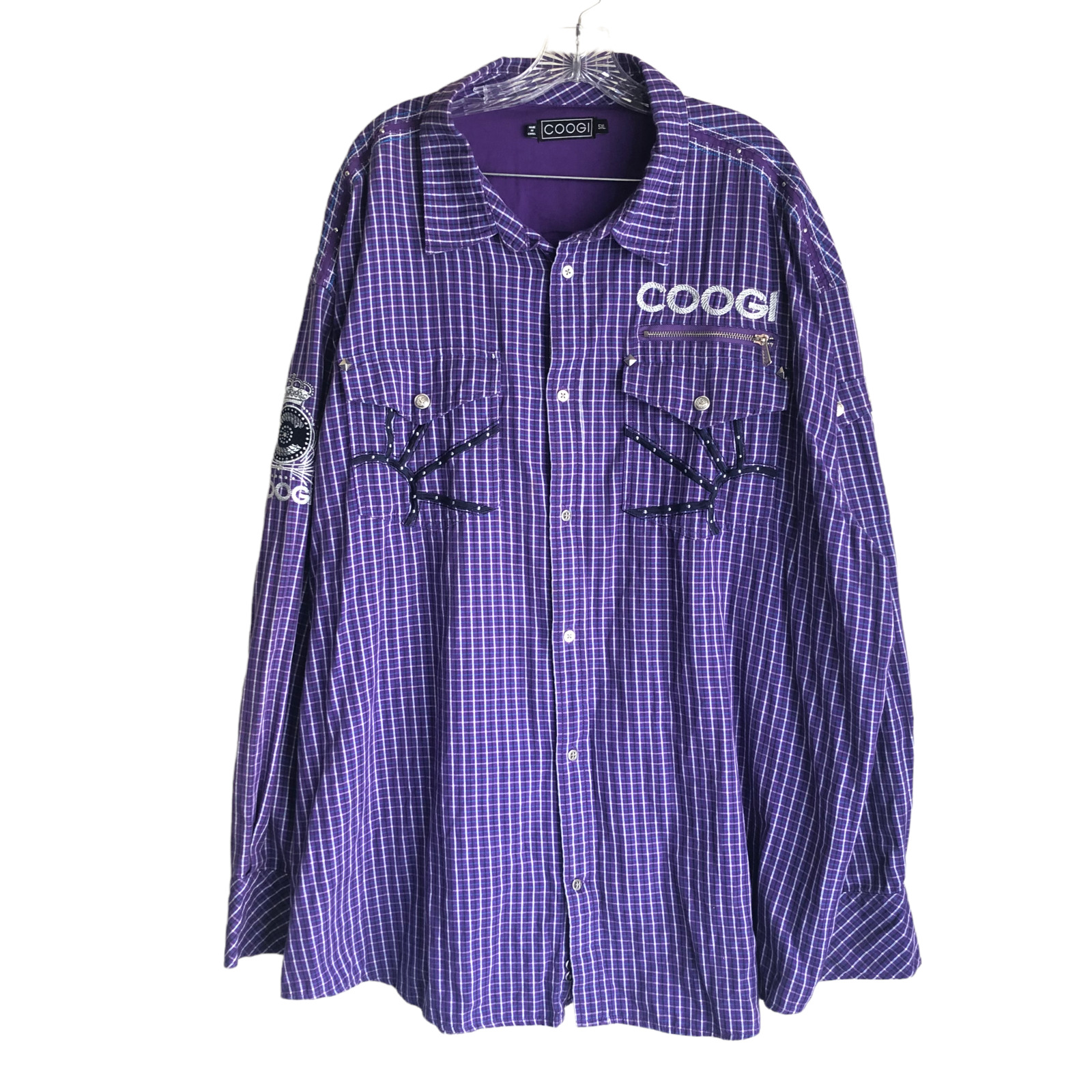 COOGI Western Shirt Men\'s 5XL Purple Plaid Embroidered Logo 100% Cotton Long Slv