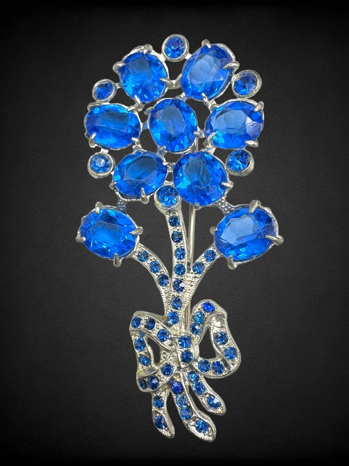 Vintage Blue Glass Rhinestone Daisy Flower Bouquet Pot Metal Brooch