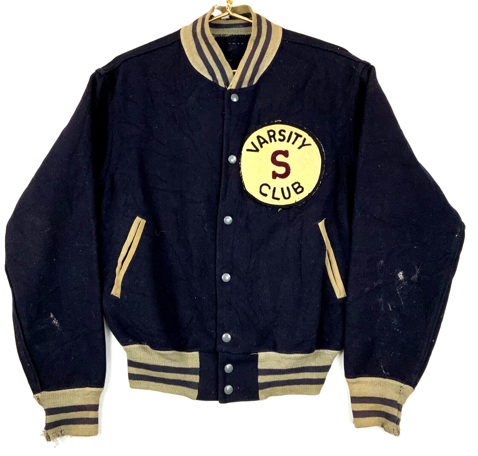 Vintage 30s 40s Varsity S Club Wool Varsity Bomber Jacket Small Blue Distressed