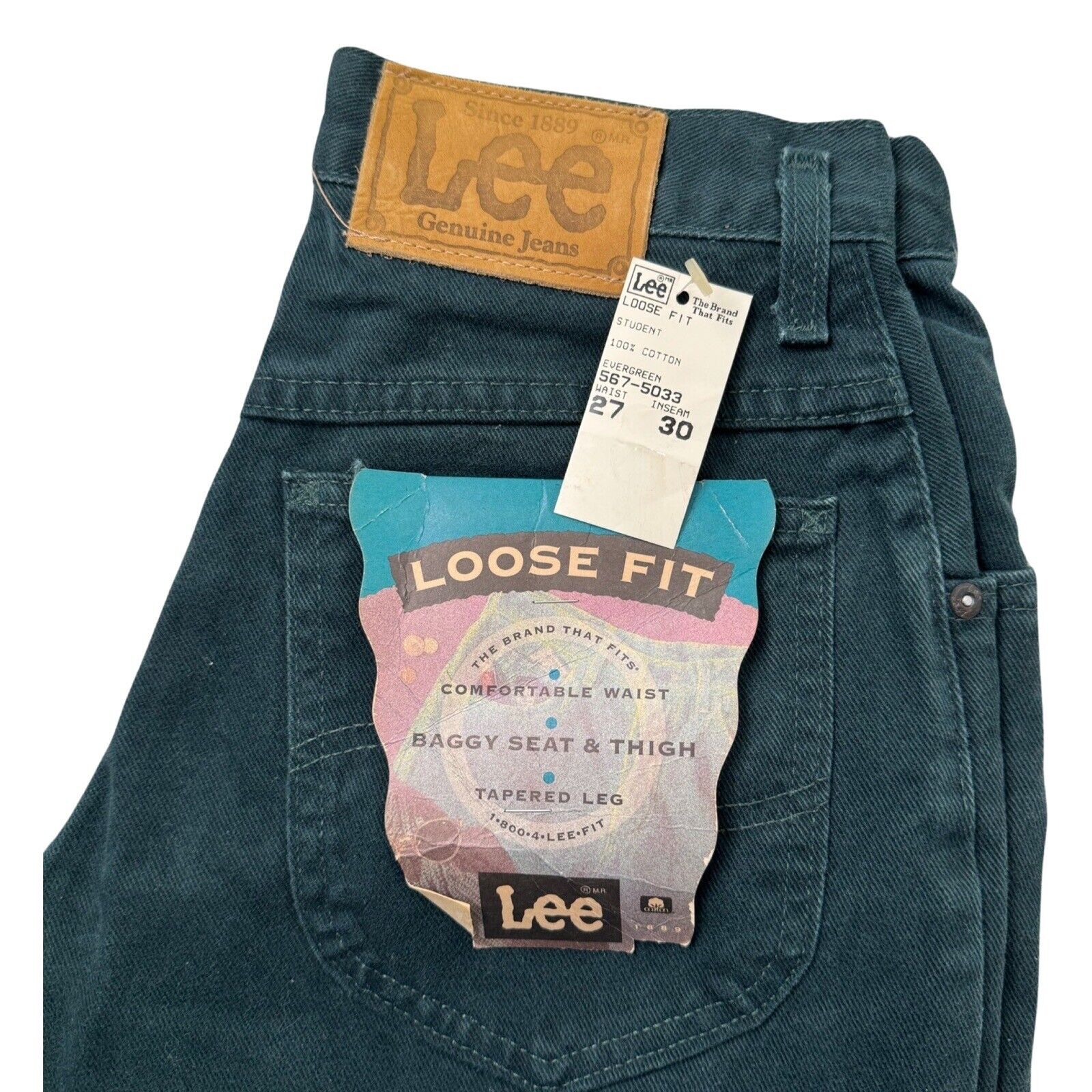 New With Tags Vintage Lee Jeans Men 27x30 Green Loose Fit Straight Leg USA