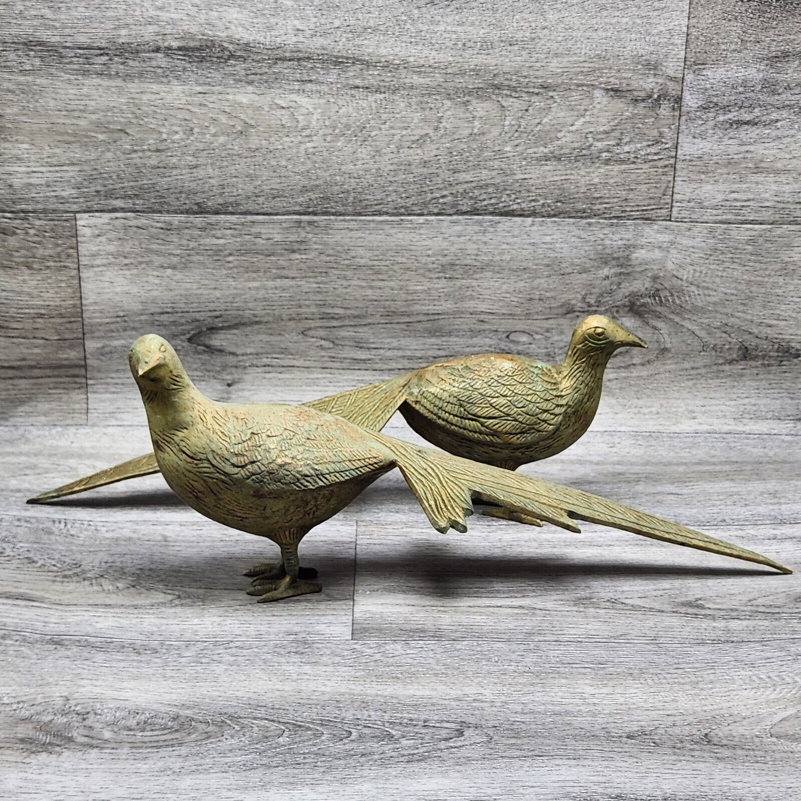 Antique Vintage Solid Brass Pheasant Statues PAIR 14 Inches Long