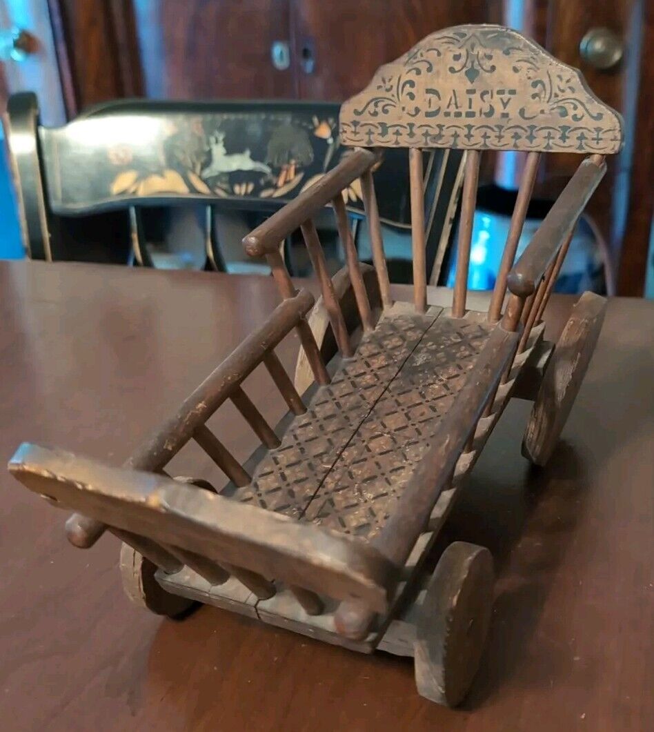 Daisy Antique Wood Cart Doll Toy American Stencil Decoration 1879 Owner Note