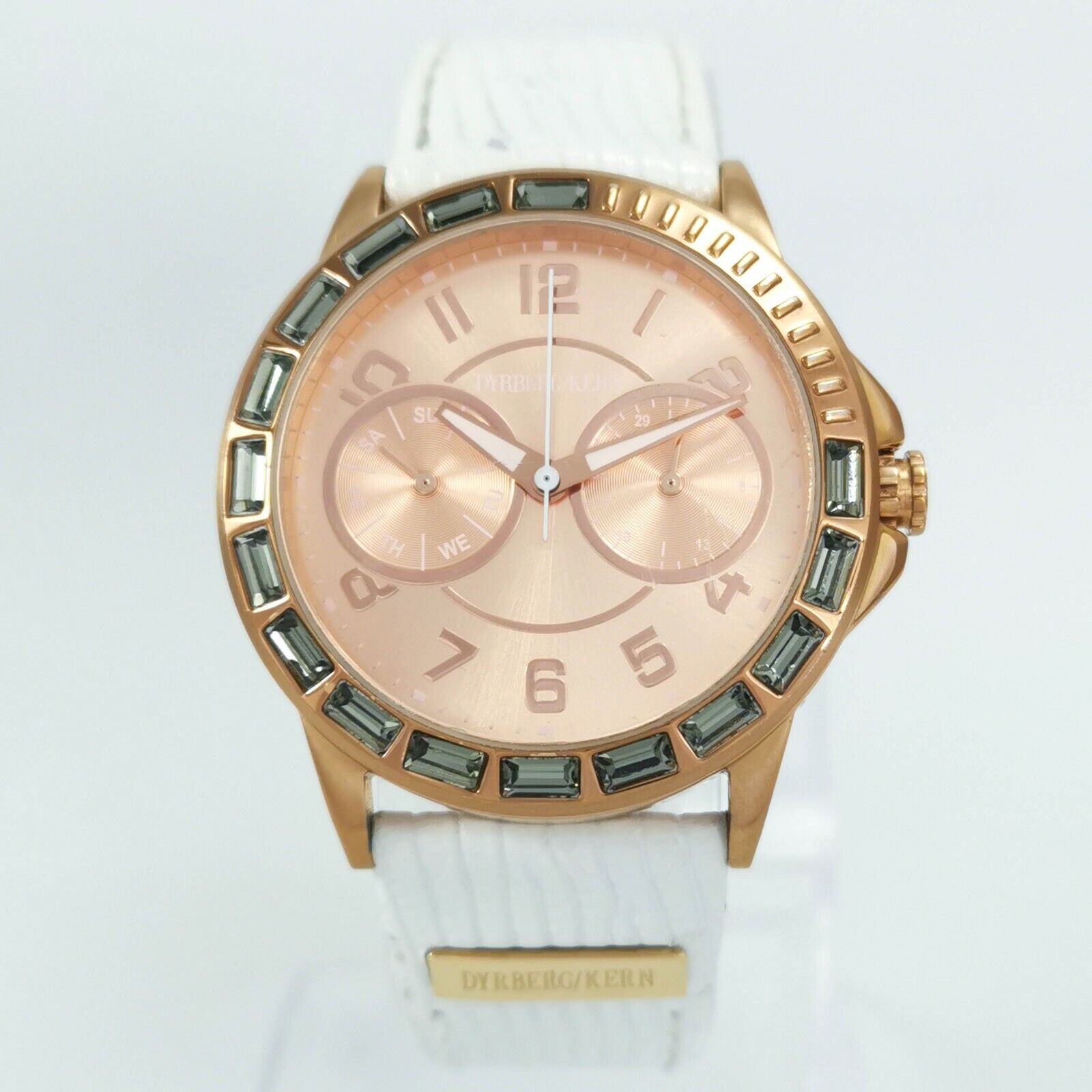Dyrberg/Kern White Leather Rose Gold Classic Quartz Diamonds Women\'s Wrist Watch