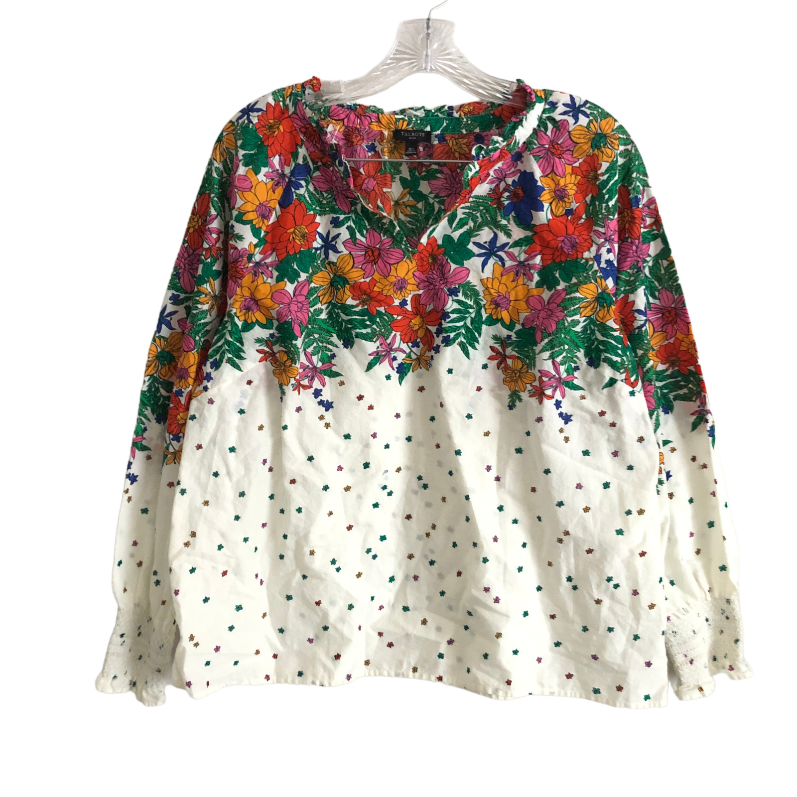 Talbots Womens Blouse Petite XLP Floral Ruffle Neck Long Sleeve Boho 100% Cotton