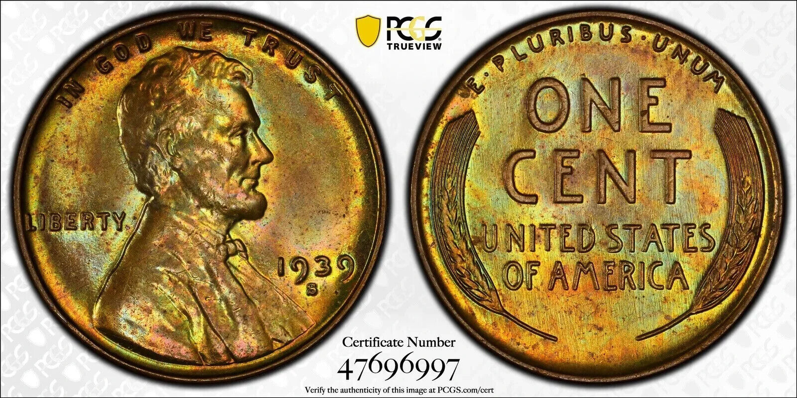 1939-S PCGS MS64 RB Lincoln Wheat Cent 1c NICE GREEN TONING BU UNC