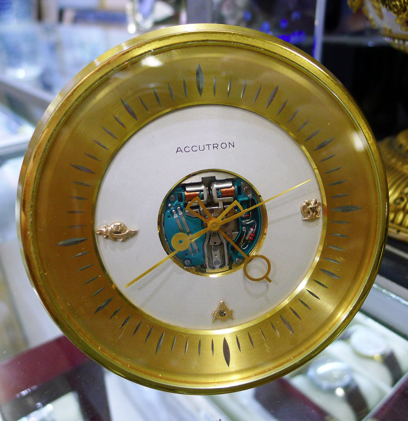 Bulova Accutron MASONIC Spaceview Brass Black Desk Mantel Clock