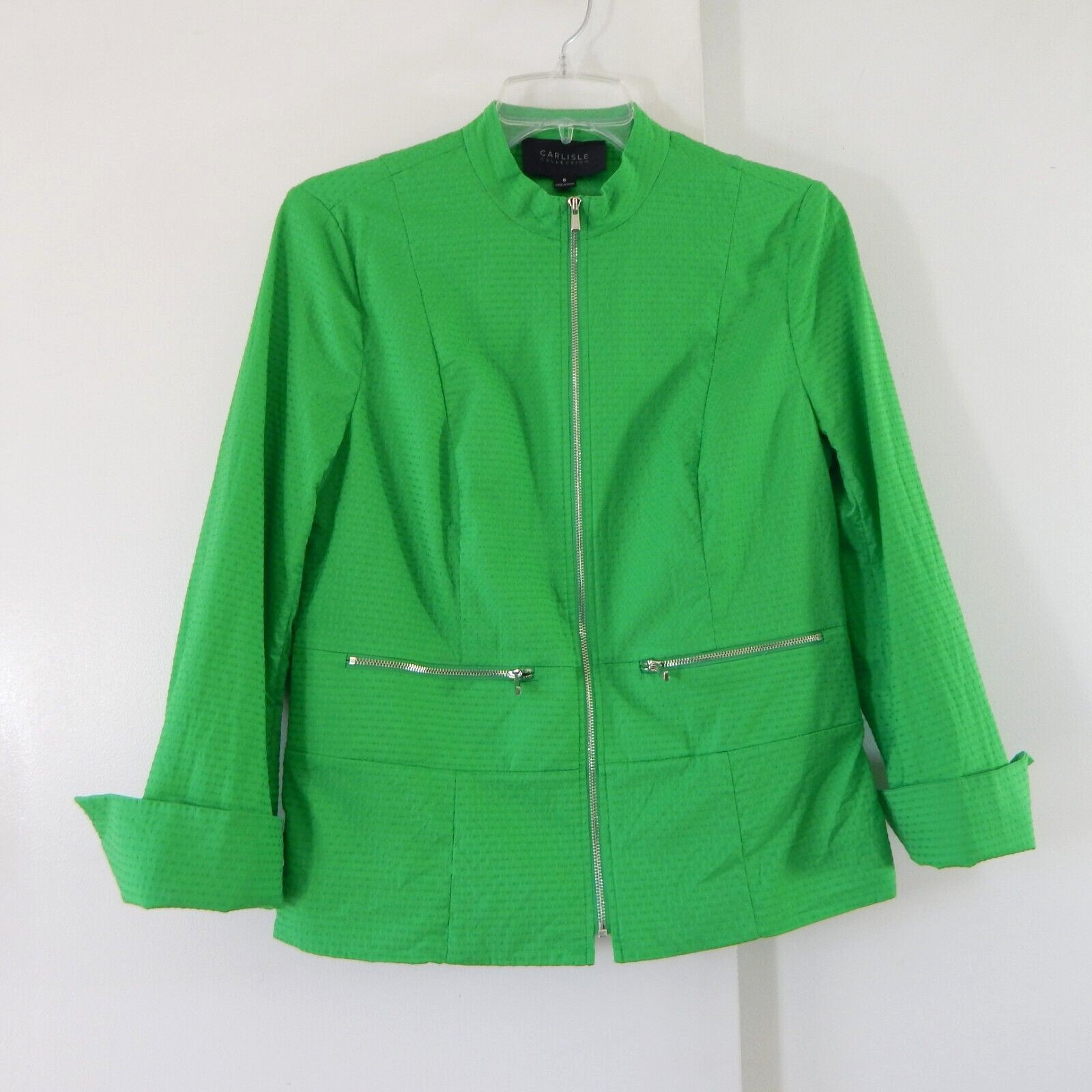 CARLISLE COLLECTION jacket blazer zip up 100% cotton 3/4 sleeve casual green 6