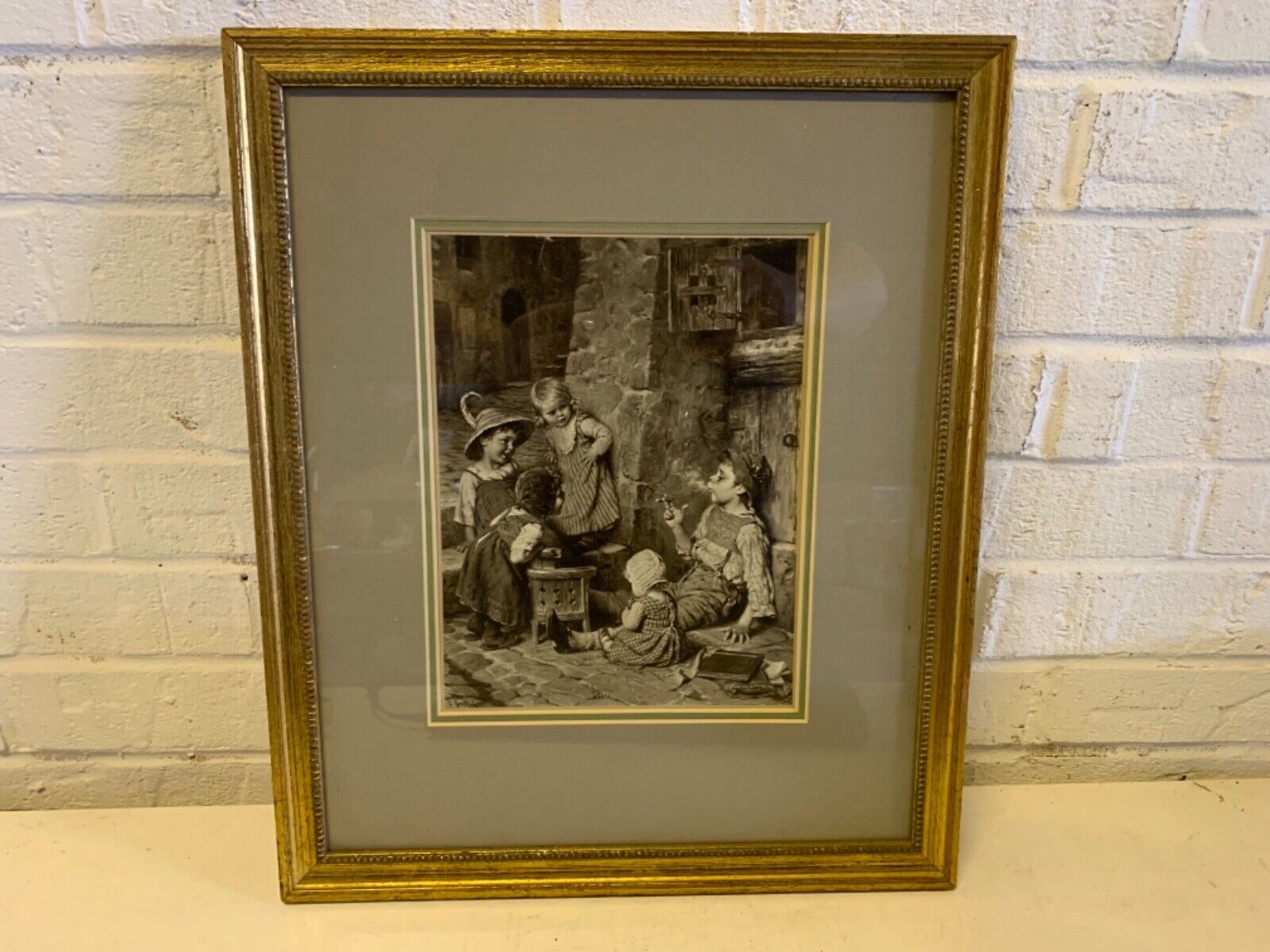 Antique Herman Kaulbach Children Sitting Outside Smoking Gold Framed Print