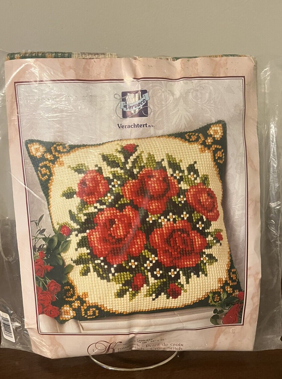 NOS Vervaco Verachtert Cross Stitch Kit Rose Bouquet Pillow Cover 16”x16”