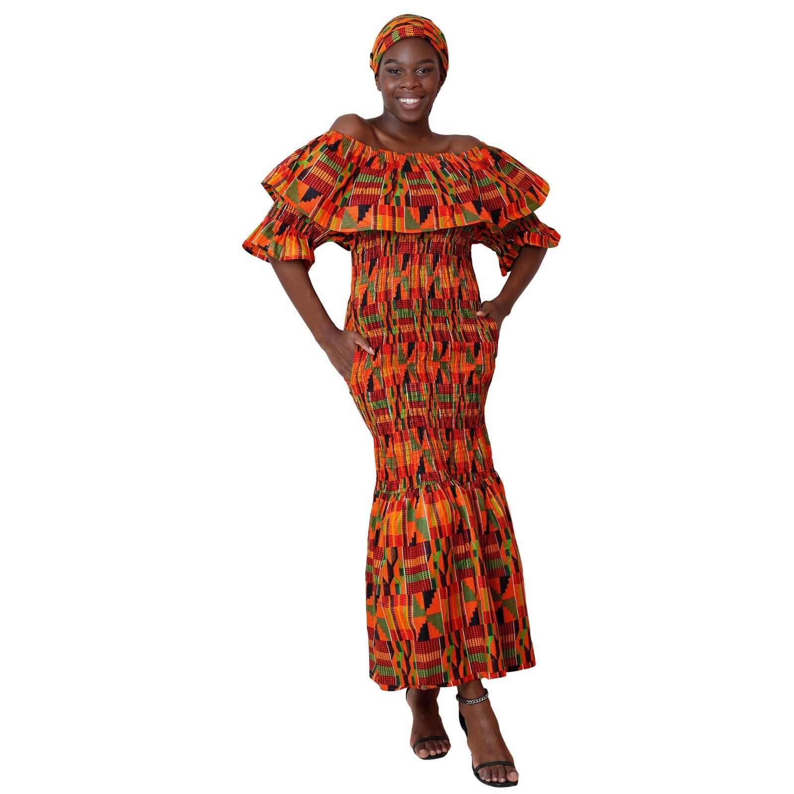African Women\'s Off Shoulder Short Sleeve Smocking Maxi Dress -- FI-50077 HS