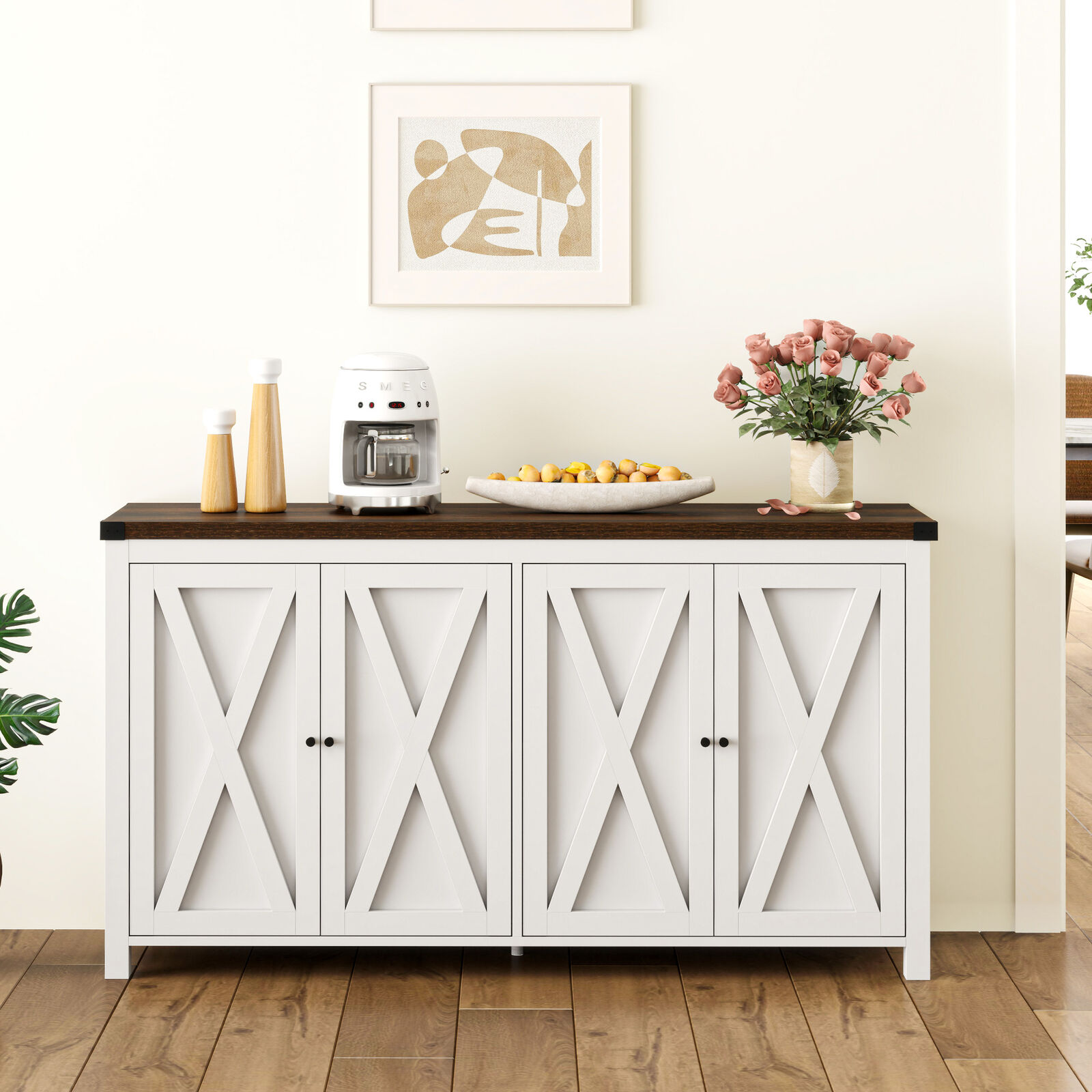 55\'\' Farmhouse Sideboard Buffet Storage Cabinet with Adjustable Shelves 4 Doors