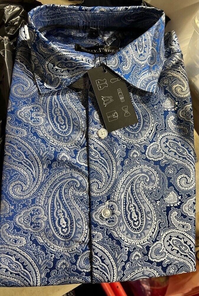 Brand New Barry Wang, Men\'s Paisley blue dress shirt, size Large.