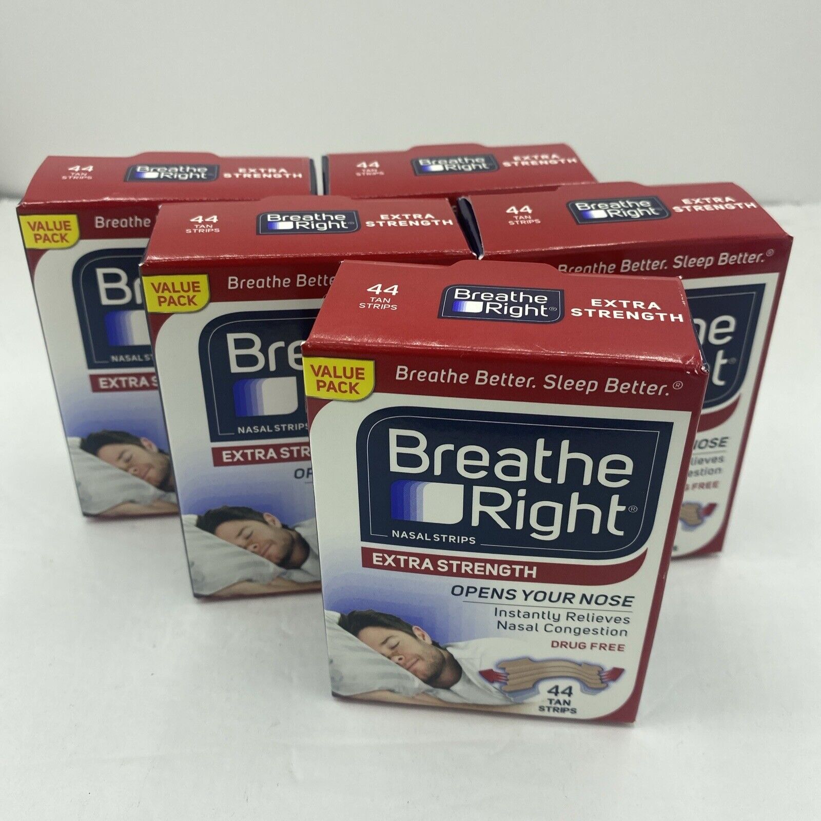5 Boxes BREATHE RIGHT Nasal Strips EXTRA STRENGTH (44 ea) Tan Strips TOTAL 220