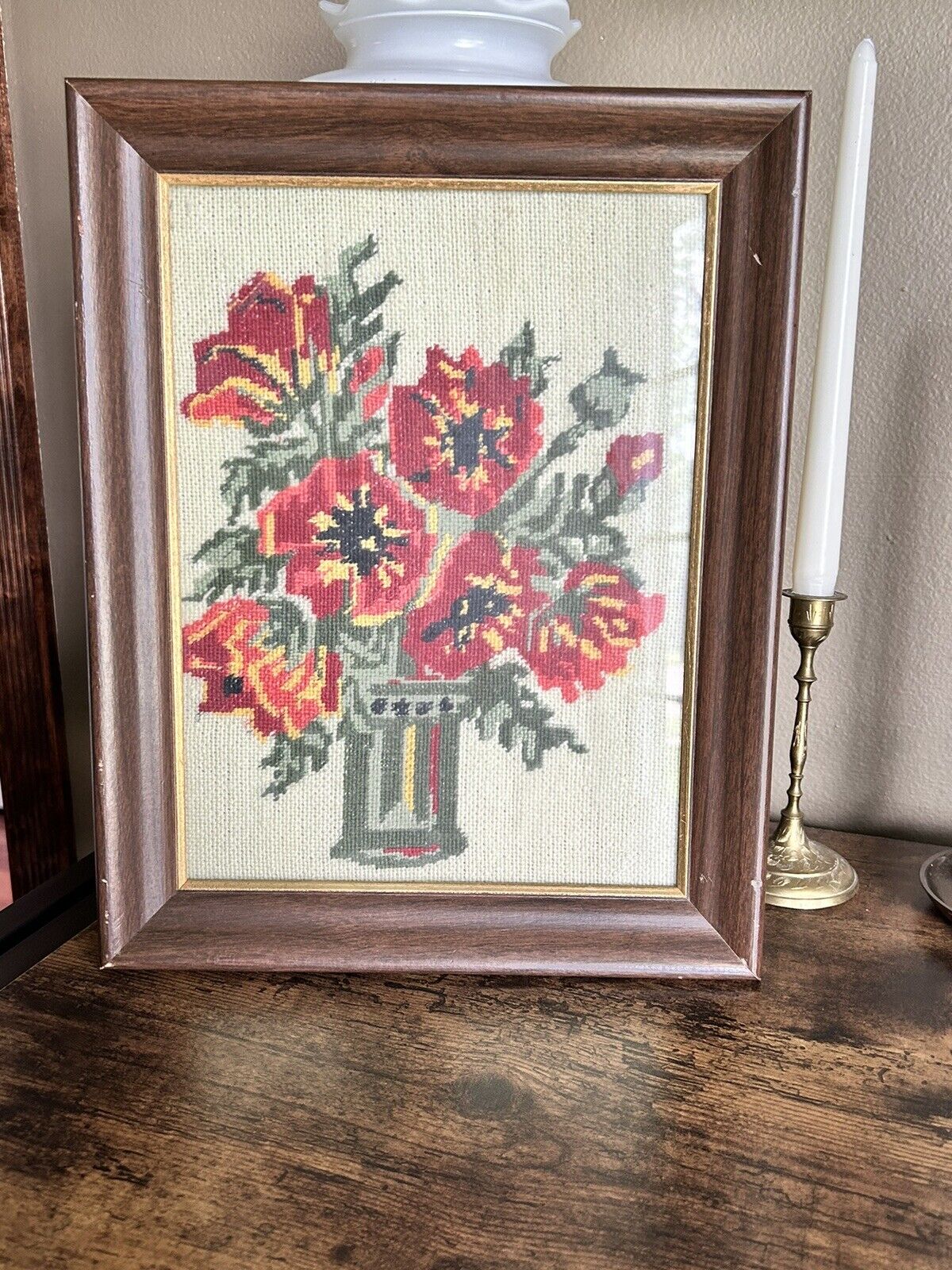 Vintage Retro Crewel Embroidery Picture Art Floral Flowers 11 X 14 Cottage Core