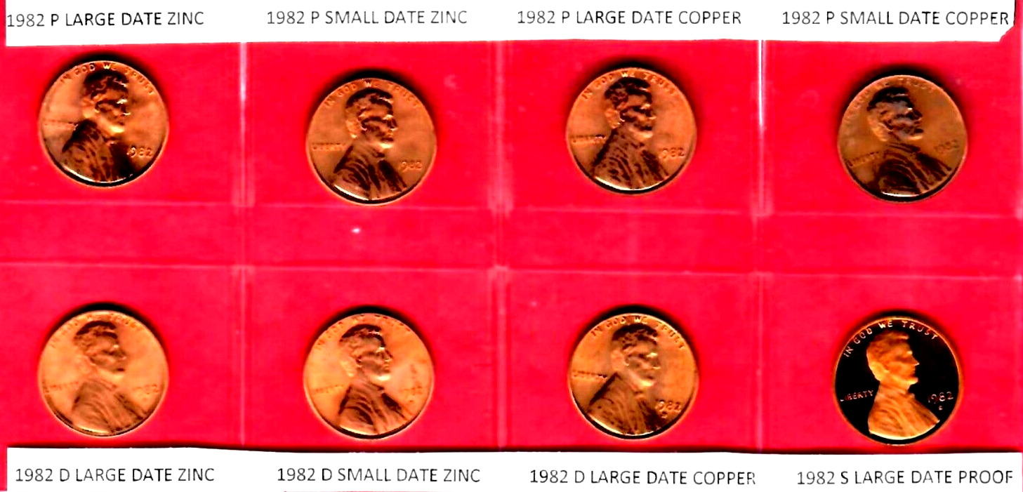 1982 P D S LINCOLN CENT 8 COIN SET COPPER/ZINC LARGE & SMALL DATES BU+PROOF