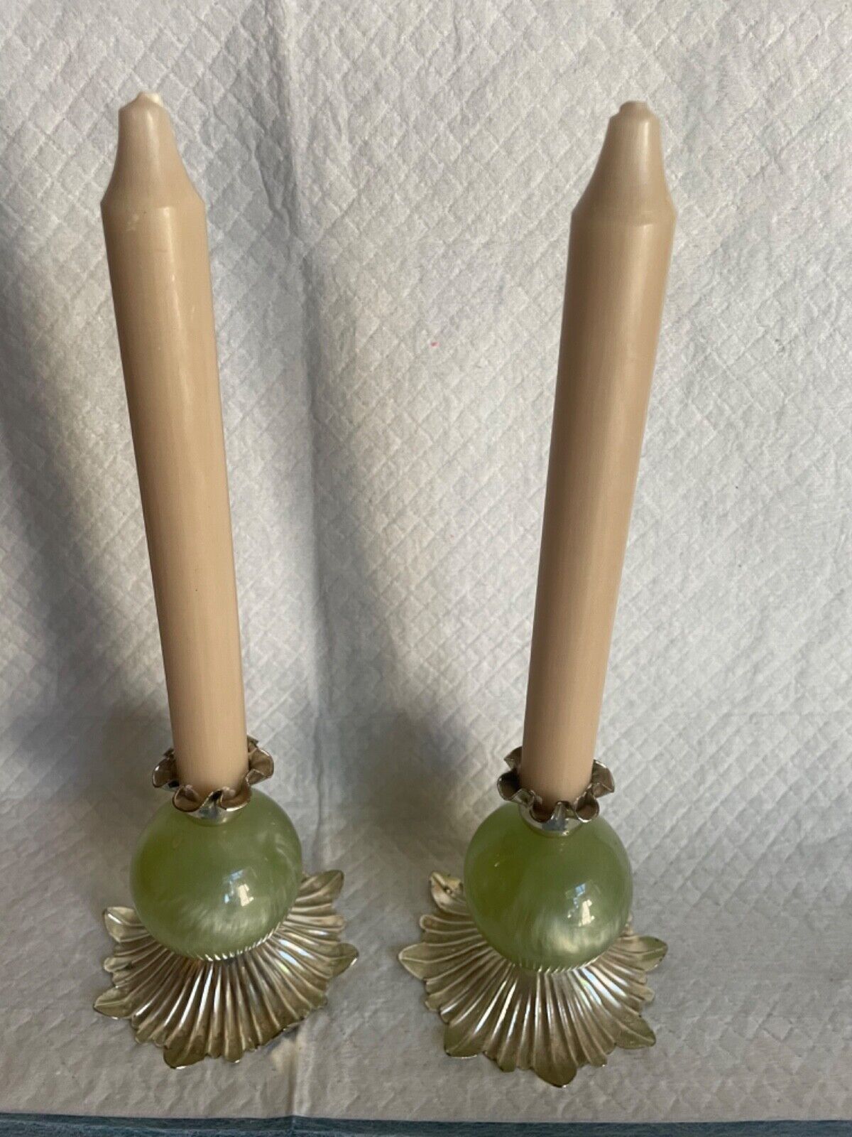 VINTAGE MCM PAIR MINT GREEN SOLID MARBLED LUCITE CANLE HOLDERS - RARE