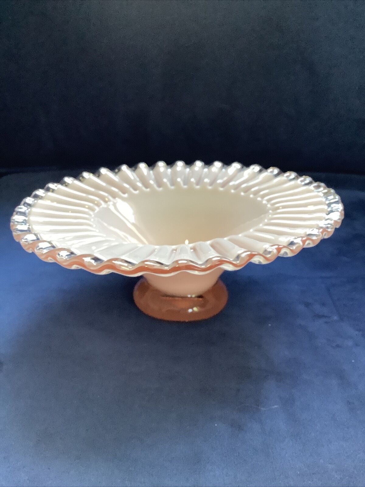 Vintage Opaque Peach Overlay Footed Bowl Ruffled Edge 8” X 3”