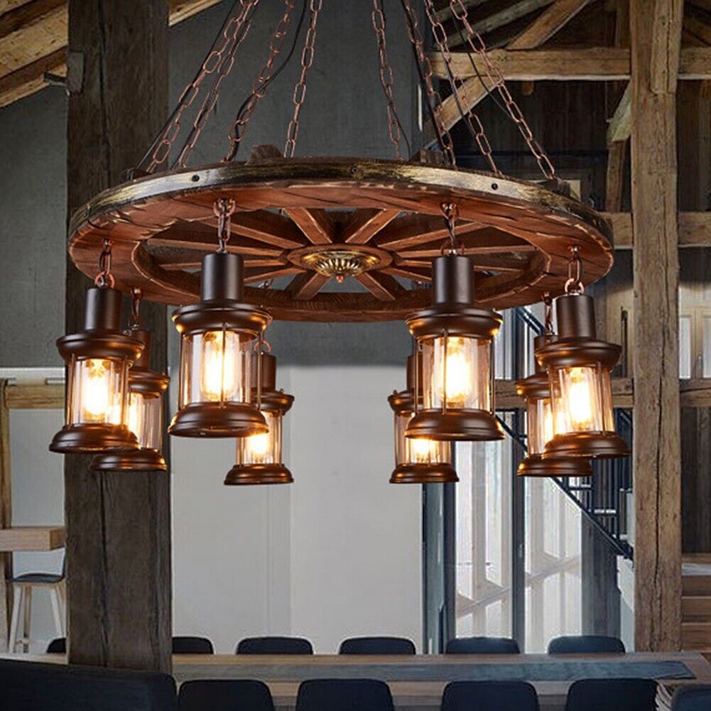Rustic Wood Chandelier 8-Light Wheel Shape Pendant Lamp Hanging Ceiling Fixtures